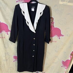 Vintage Brioche Elegant Black Dress with White Collar